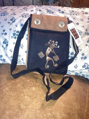 Quilts, LTD Black and Brown Embroidered Crossbody Bag